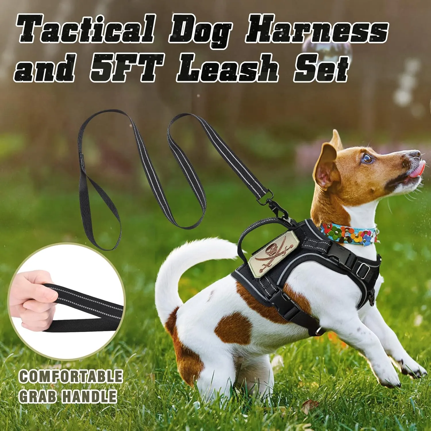 XSmall Tactical Dog Harness and Leash, Military K9 Puppy Vest Harness, No Pull Outdoor Training XS Dog Harness with Handle (XSmall, Black Leash)