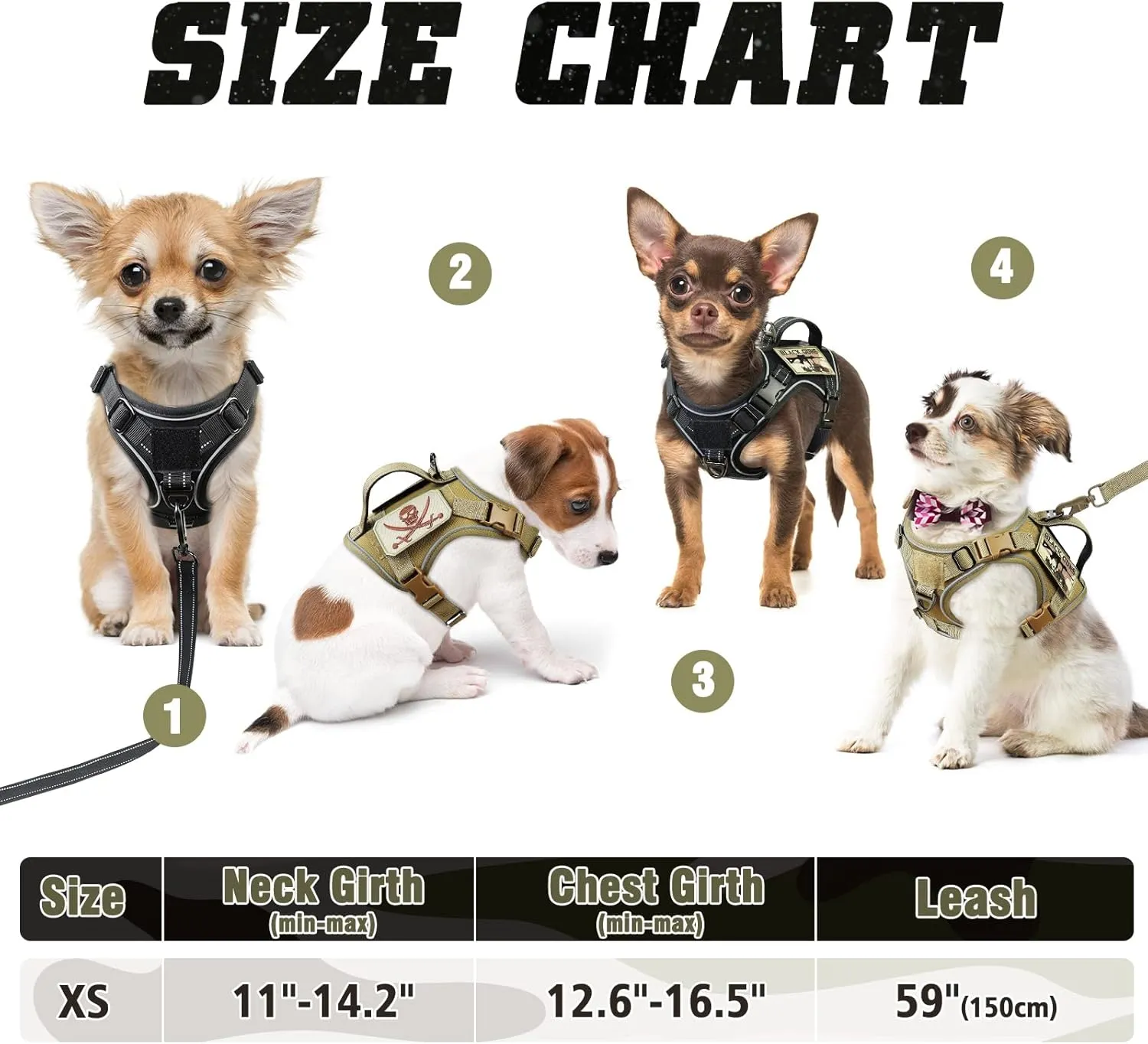 XSmall Tactical Dog Harness and Leash, Military K9 Puppy Vest Harness, No Pull Outdoor Training XS Dog Harness with Handle (XSmall, Black Leash)